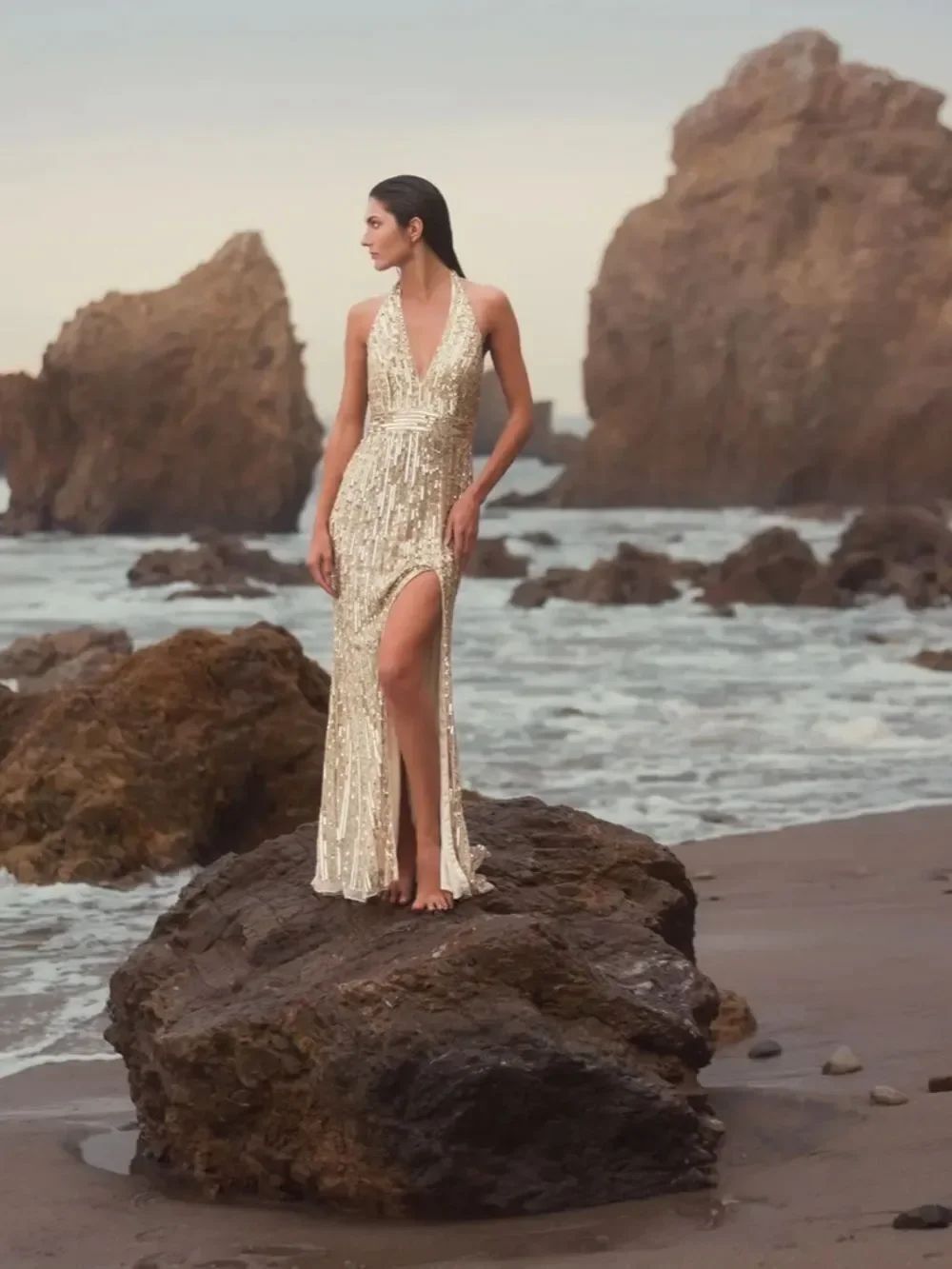 Mac Duggal 5759 Gold Nude Embellished Halter Evening Sheath Gown $598
